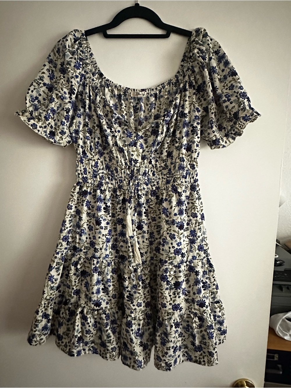 Blush Cream Dress with Blue Floral Print